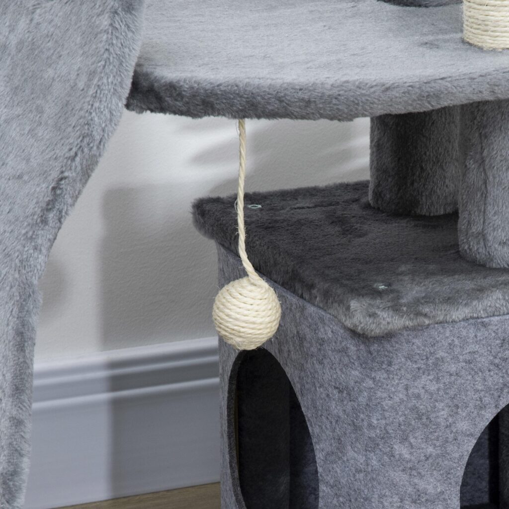 Liten klösstolpe för katt med lekstuga och sisalstockar - Multifunktionellt klösträd för katter under 4 kg, kompakt design med plyschlock, stabil bas och repvänliga funktioner