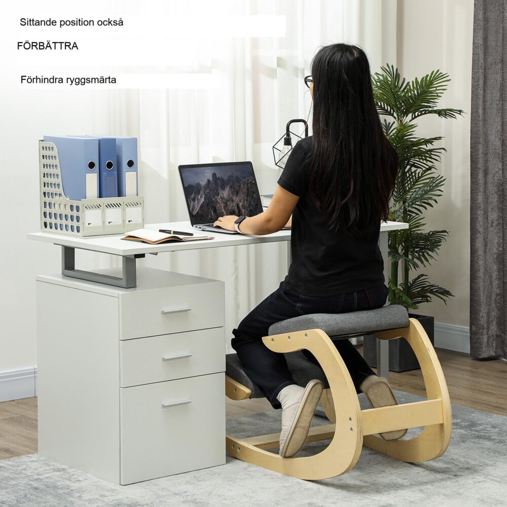 Ergonomisk knäpall med hållningsförbättring, gungande design – slitstark ram av björkträ, 120 kg lastkapacitet, grå