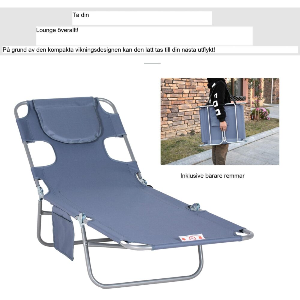 Hopfällbar trädgårdsstol med 5-vägs justerbart ryggstöd för maximal komfort – väderbeständig design, bärbar och hållbar, stöder upp till 120 kg, inkluderar sidoförvaringspåse