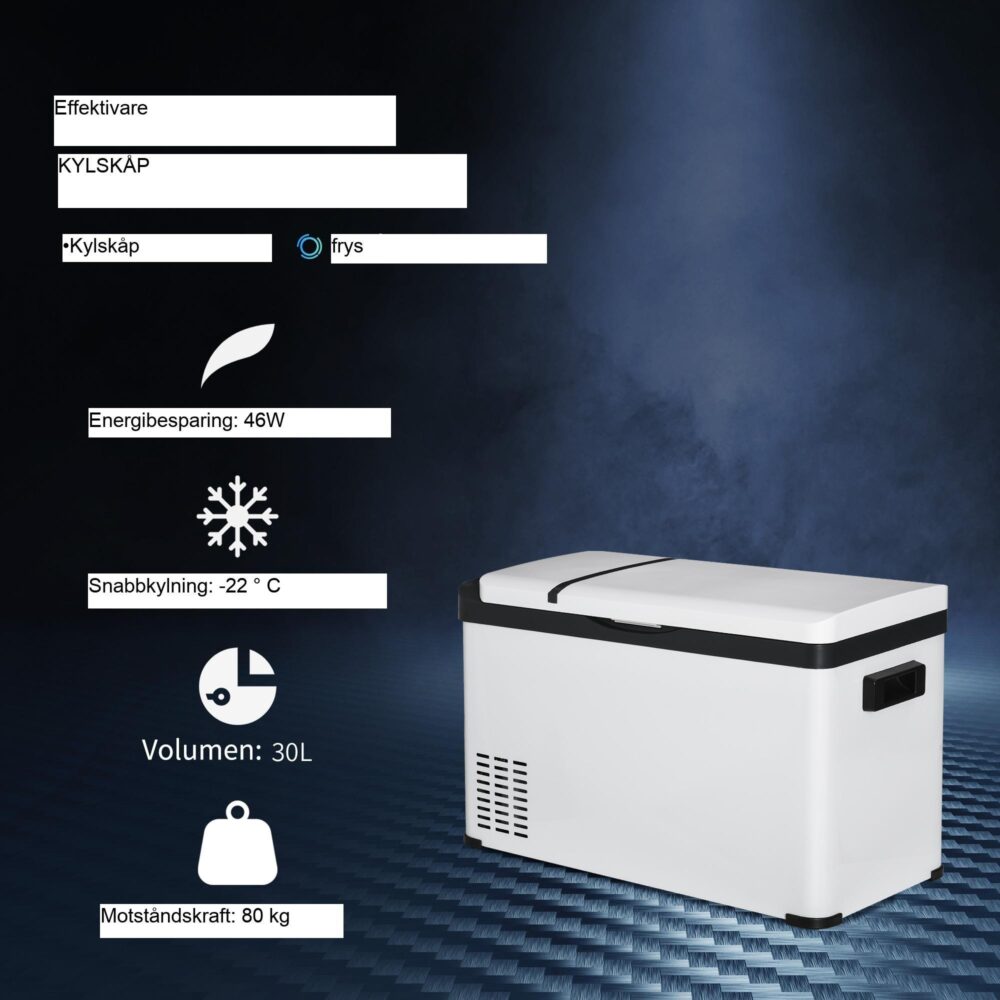 Kylbil 30L med LCD-skärm Kompressor – Effektiv kylning, batteriskydd, dubbel spänningskompatibilitet
