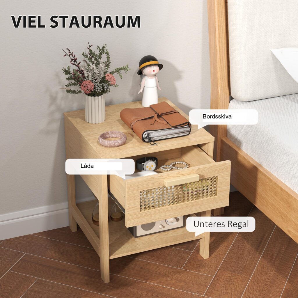 Sängbord sidobord med rymlig förvaring och rottingdesign för förhöjd stil