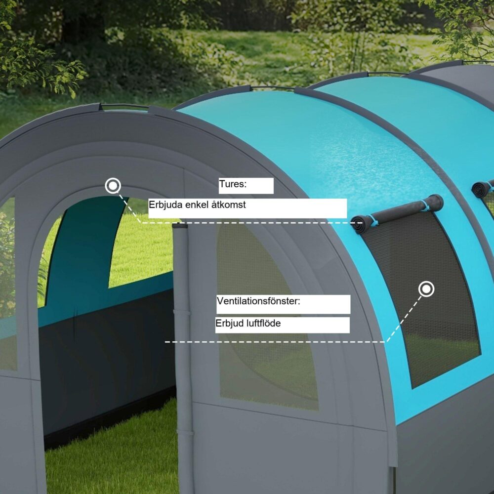 Tunneltält Campingtält för 6 personer | Vattentätt familjetält med två rum och ljuskrokar | Rymlig, snabb installation, komplett kit ingår