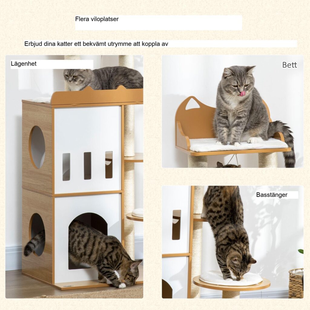 133 cm klösträd för innekatter - Robust och säker klösbräda med 2 kattgrottor, sisalstammar, lekboll, mjuka kuddar | Ek+Vit Finish