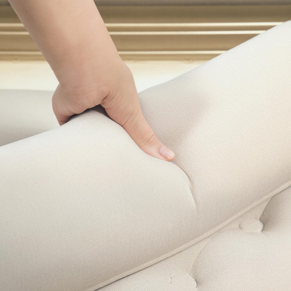 Chenille klädd armstödsbänk med två cylinderkuddar | Lyxig komfort och vintagedesign i beige för sovrum, vardagsrum, hall