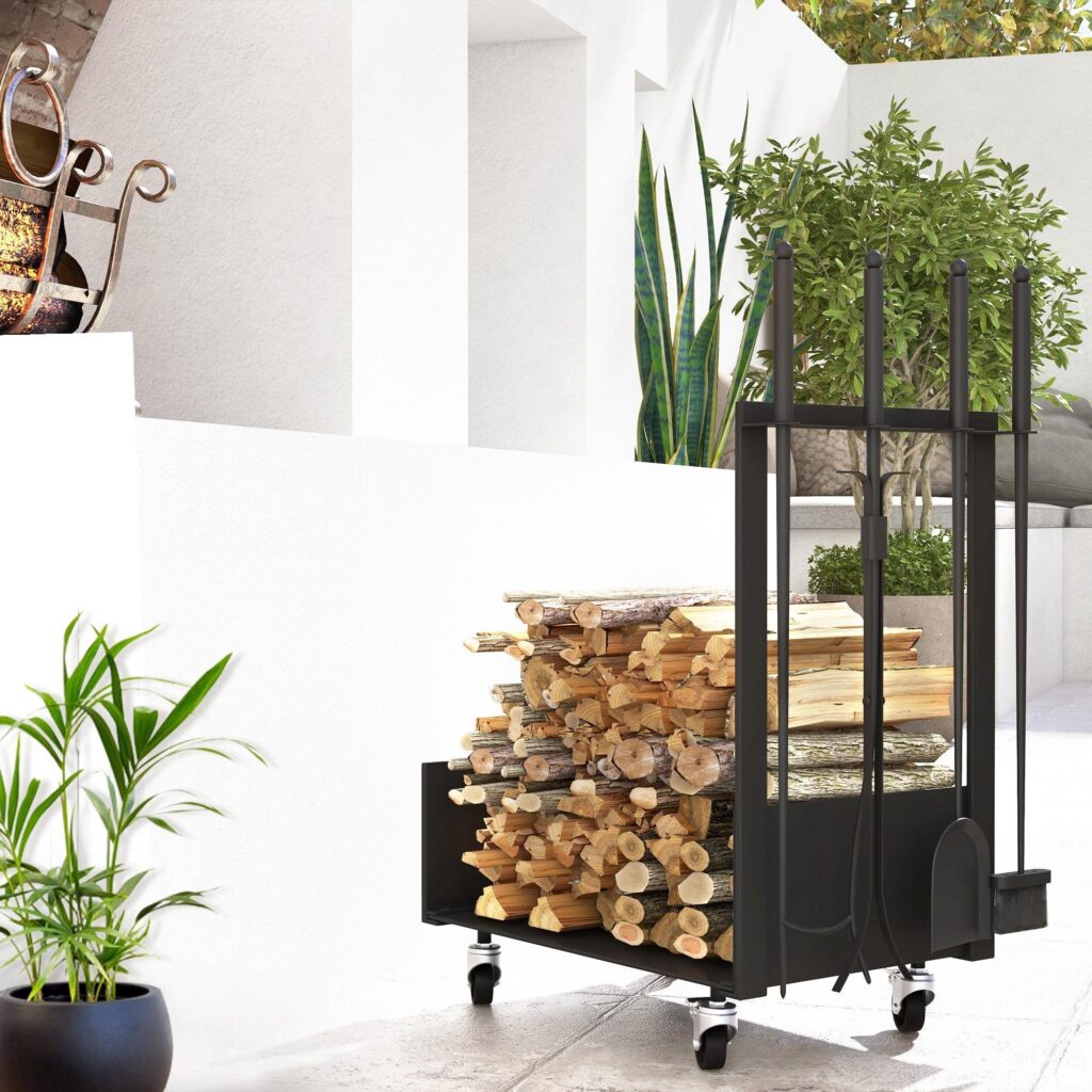 Vedställ med hjul, kompakt och robust metalldesign, komplett verktygssats ingår för inomhus/utomhusbruk