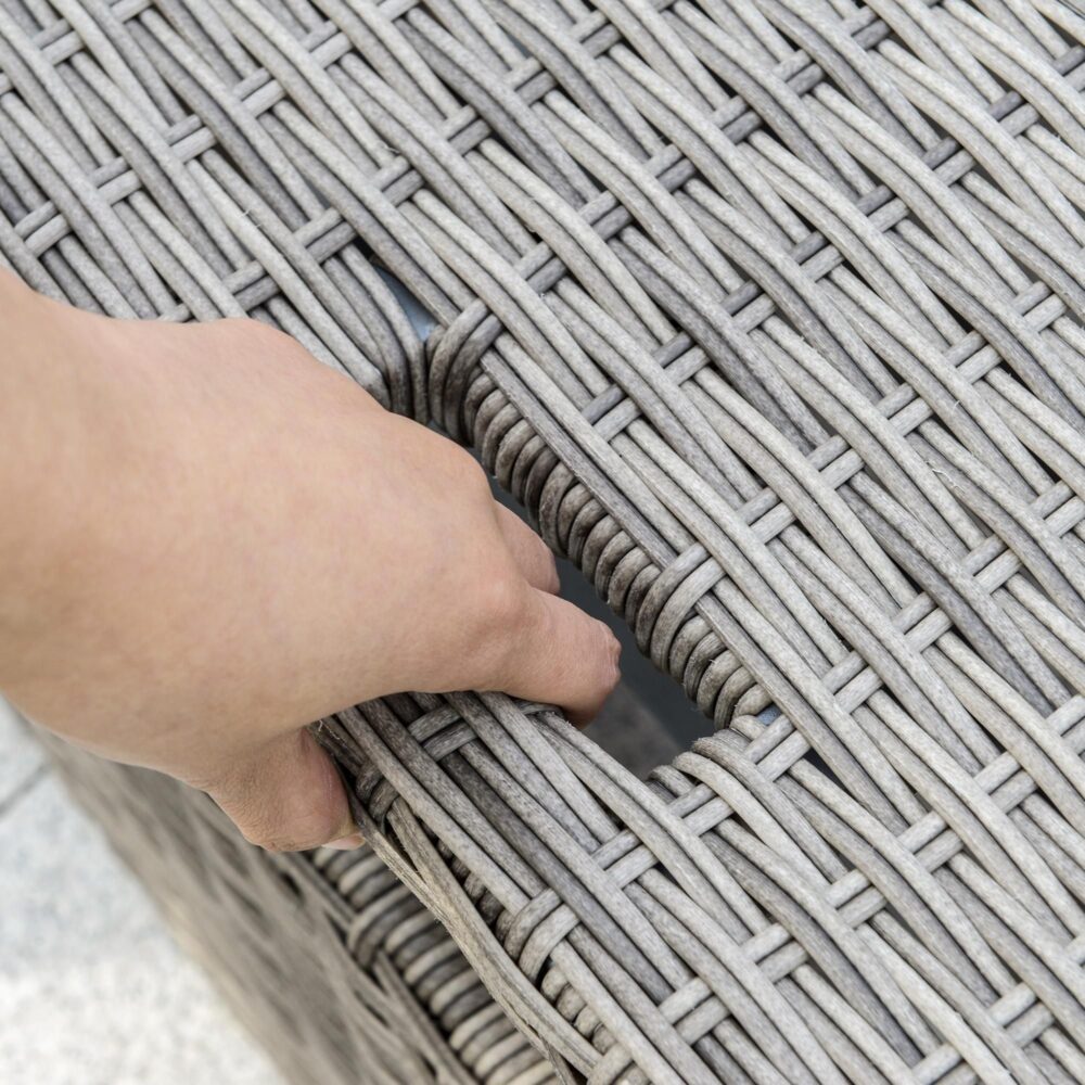 3-delat trädgårdsmöbelset i konstrotting med utfällbart sidobord och bekväm soffa | Modern ljusgrå och beige design, robust aluminiumram