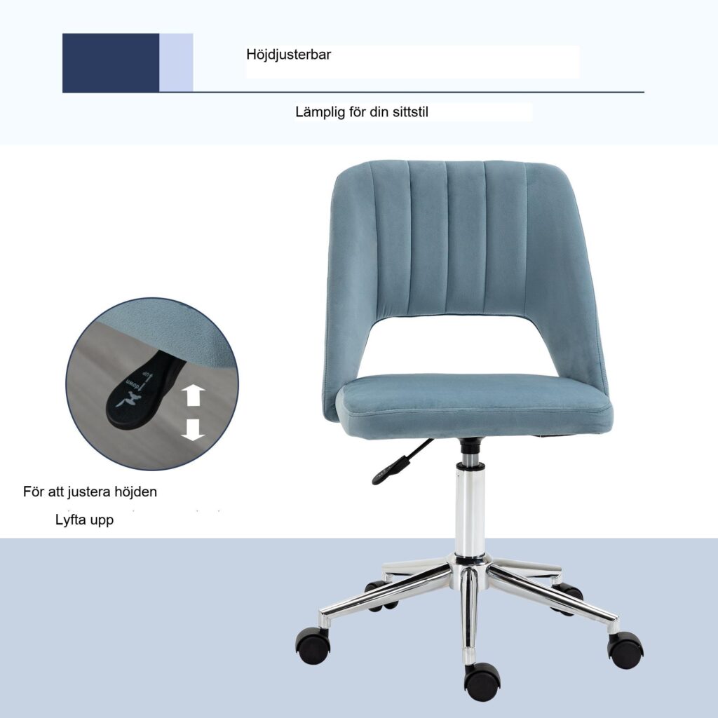 Ergonomisk snurrbar kontorsstol med justerbar höjd och snygg sammetsdesign i blått