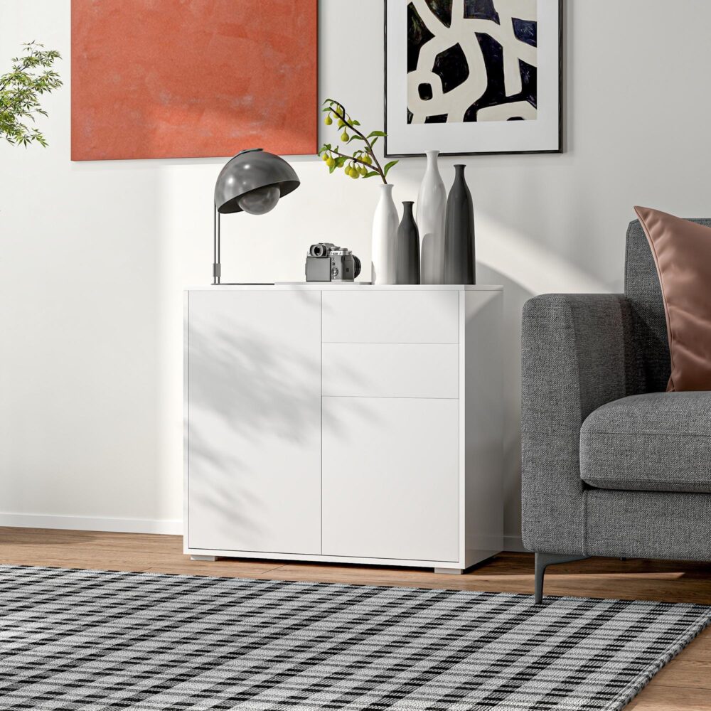 Sideboard förvaringsskåp med justerbar hylla och push-click-dörrar – mångsidigt kök, vardagsrum, bufféförvaring för hemmet – vit 79x36x75 cm