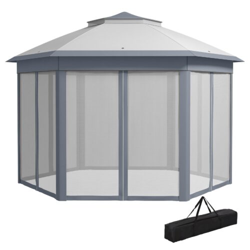 Trädgårdspaviljong hopfällbart lusthus 4x4m pop up-tält partytält med bärväska och mygggardiner – snabb montering, robust metallram, sexkantig design