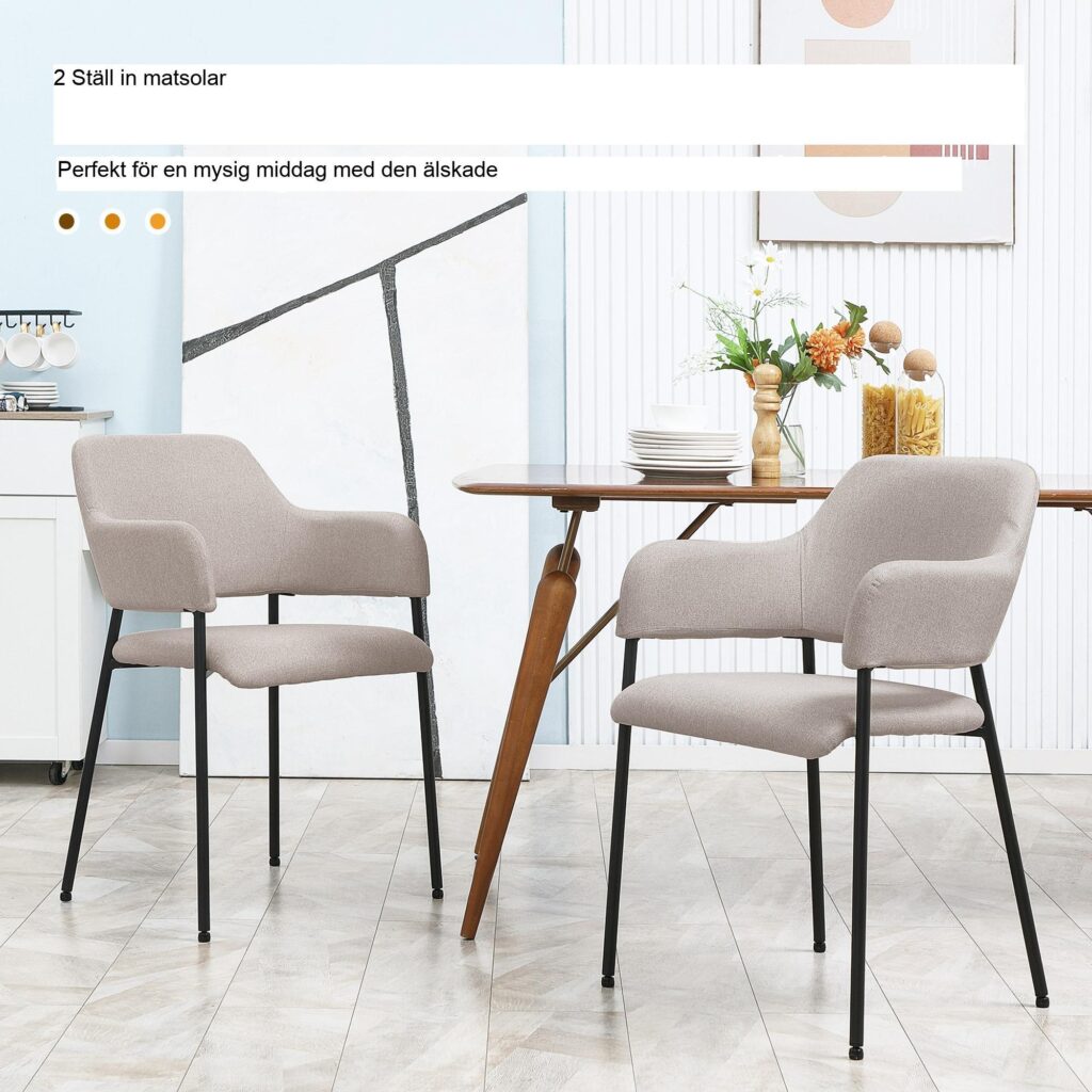 Set med 2 matstolar med böjt ryggstöd för kök och vardagsrum - bekväm stoppad design på stålben | Beige