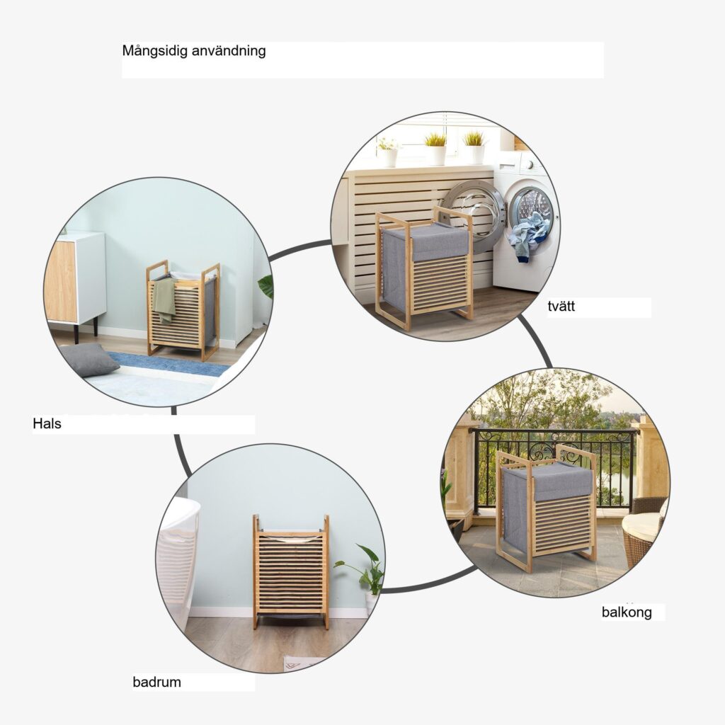 Tvättkorg med lock - Stor kapacitet, lätt och vattentät design | Bambu och polyester | 40x35x60.5cm