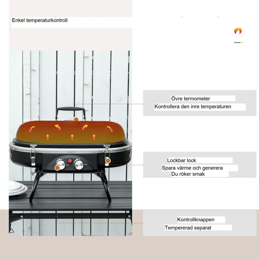 Bärbar campinggasgrill med 2 brännare i rostfritt stål, vikbar design och termometer - kompakt för resor, perfekt för utomhusunderhållning
