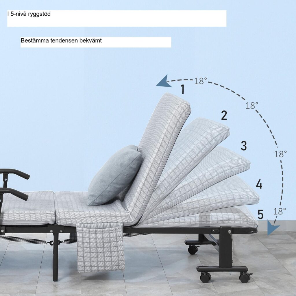 Hopfällbar säng Gästsäng med hjul - platsbesparande och bekväm design | Justerbart ryggstöd och förvaringsfickor med 5 steg