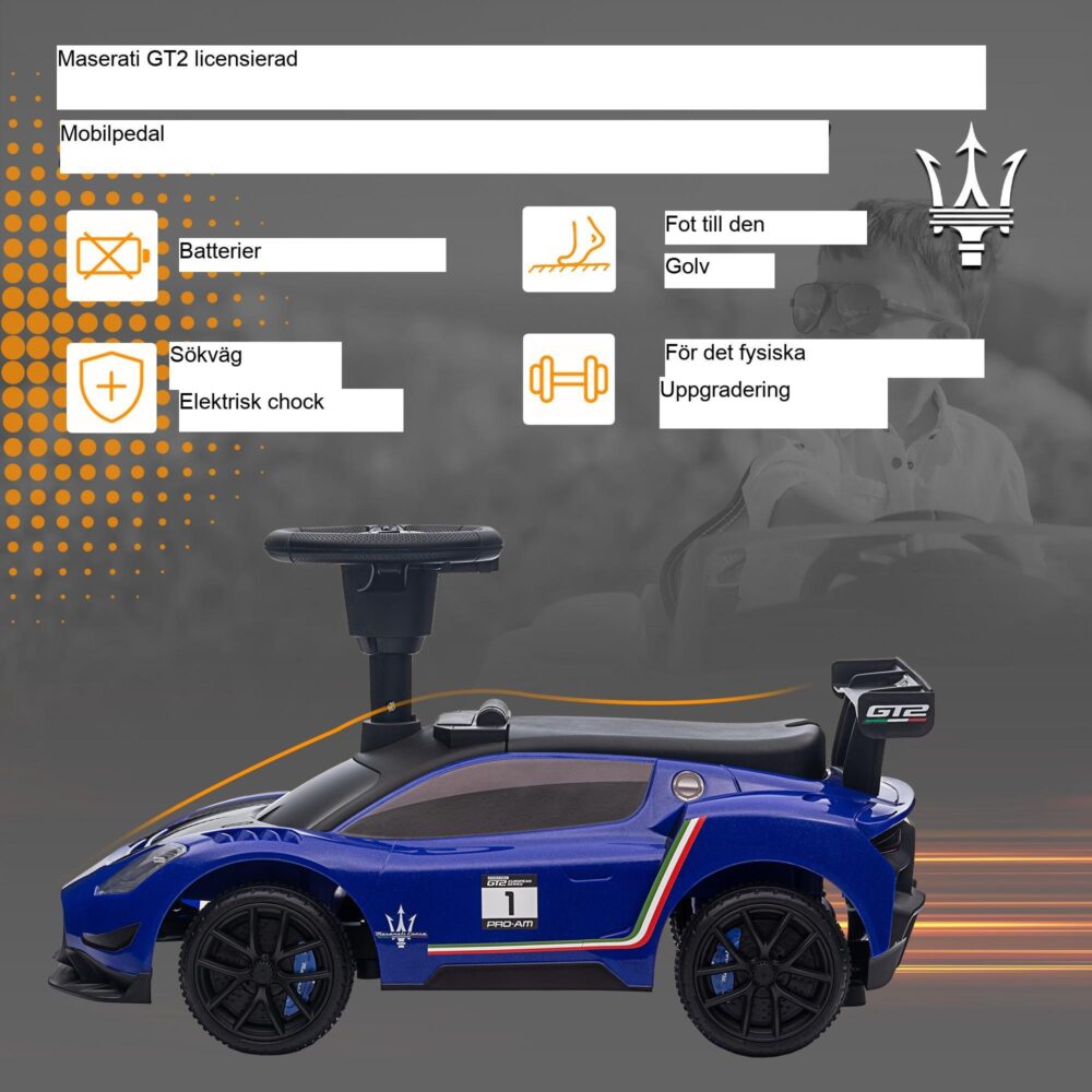 Officiell Maserati Design Ride-On Car med interaktiv ratt, horn och musik och inbyggt förvaringsutrymme för barn i åldrarna 1,5-5 år