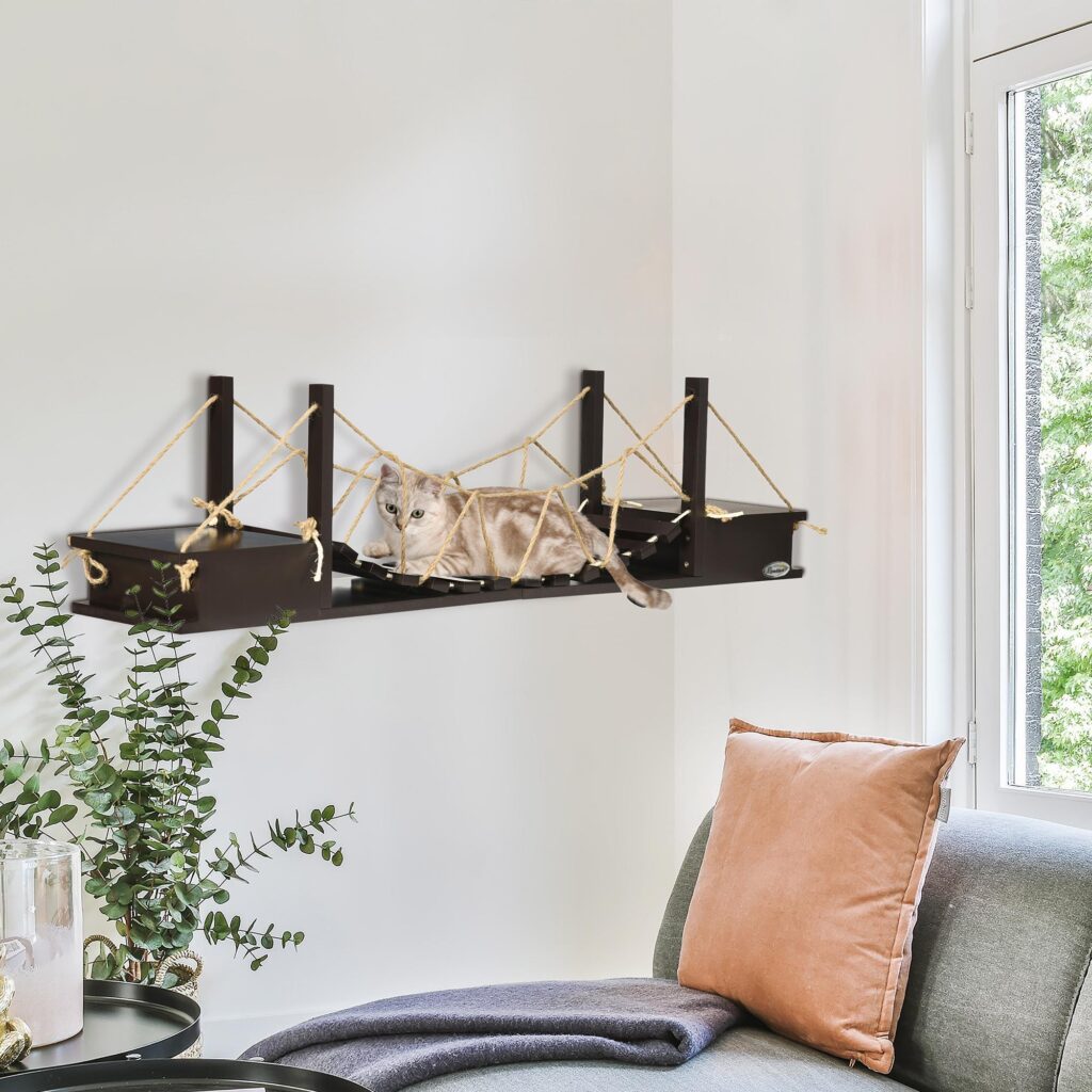 Klättervägg för katter Klösstolpe och bro - Hylla för lek och vila för katter inomhus | Väggmonterad, platsbesparande, säker design för katter upp till 5 kg
