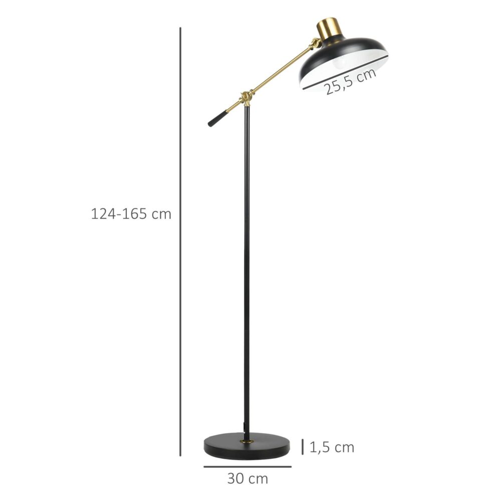 Justerbar höjd svängbar läsgolvlampa med svart och guld industriell design – enkel montering och hållbar metallbas