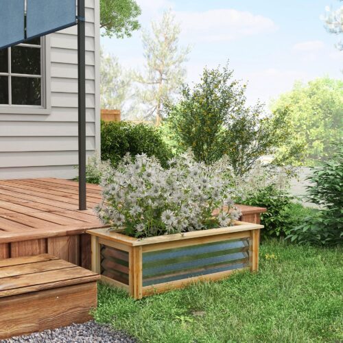 Upphöjd bädd Blomlåda i metall och trä för trädgård och balkong | Rymlig planteringsyta (80x35x30cm) med självdränerande design | Väderbeständig konstruktion