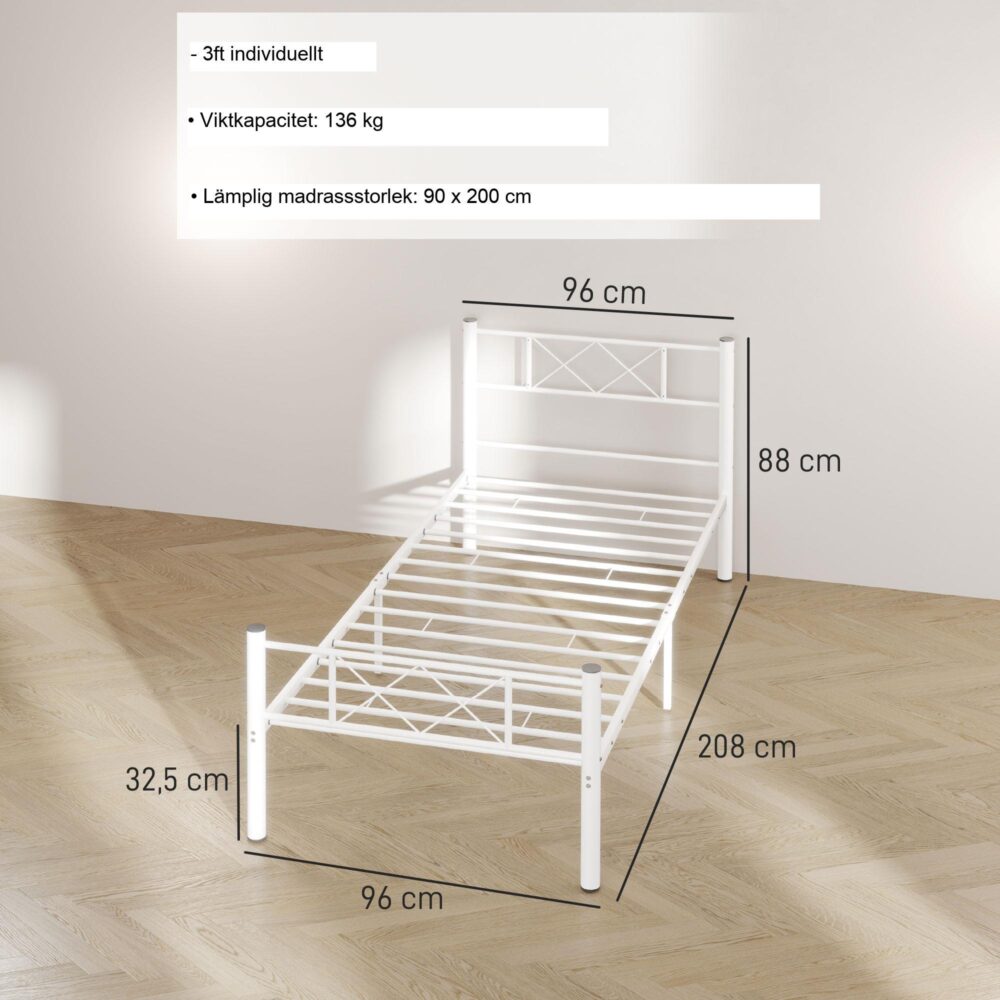 Enkelsängsram för 200x90cm madrass | Fritt förvaringsutrymme under sängen | Stålkonstruktion och tyst sömn
