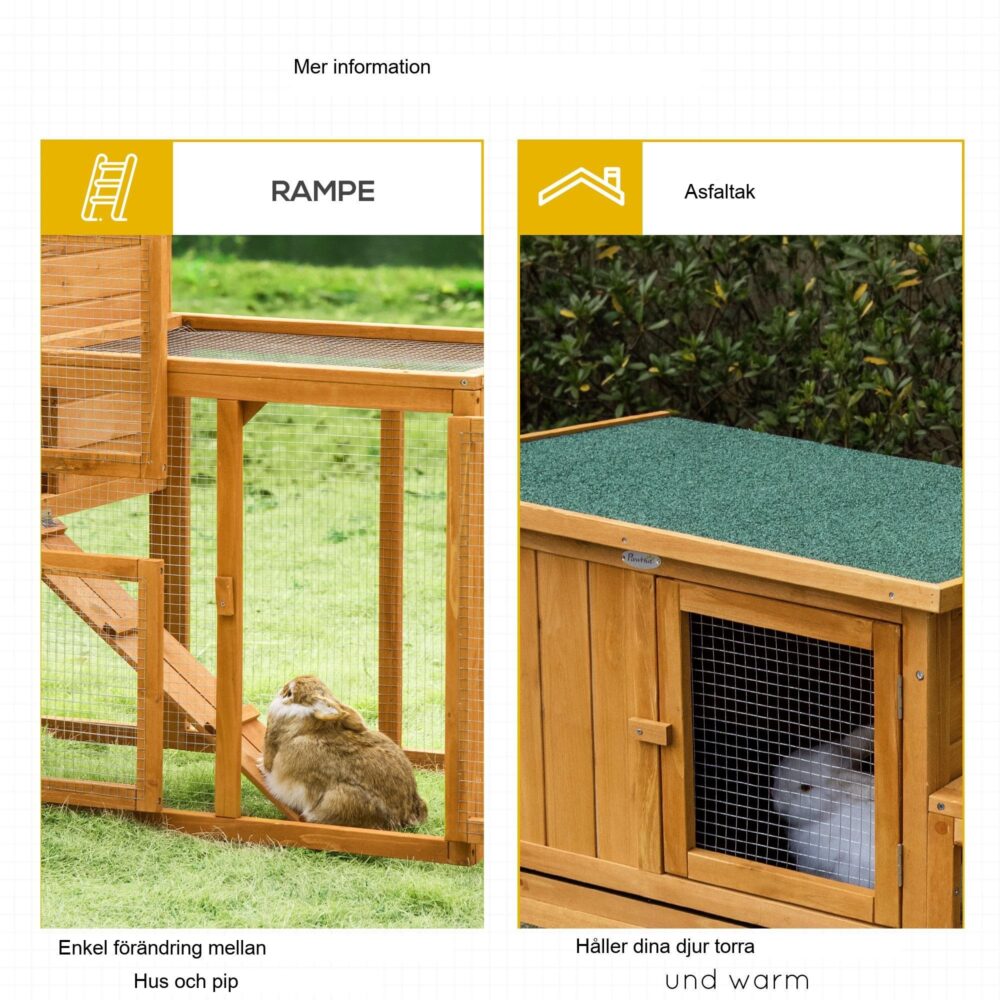 Kaninhydda Smådjursbur 141x60x86cm massivt granträ med avtagbar golvplatta och ramp för enkel rengöring – orange