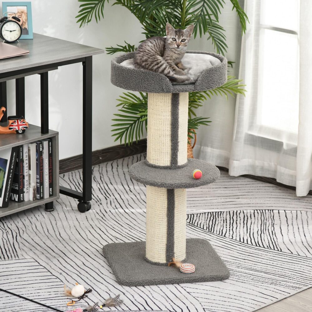 Allt-i-ett multiaktivitetsklösstolpe för katt med sisalrep och mjuk kuddplattform | Robust design för aktiv lek och avkoppling