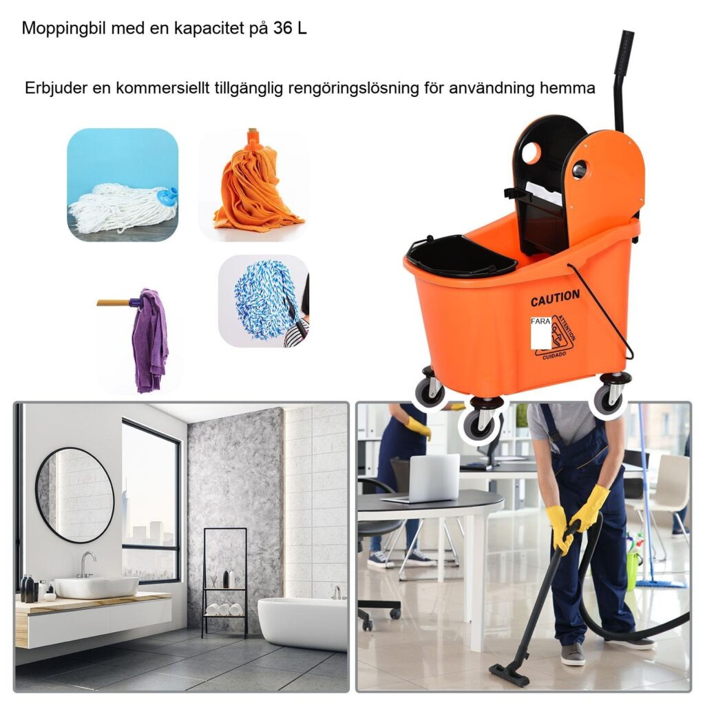 Professionell städvagn med 36L hink, effektiv vridanordning, separata fack för rent och smutsigt vatten för enkel rörlighet