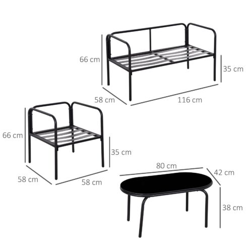 Trädgårdsmöbelset i 4 delar – 2 fåtöljer + liggsoffa + soffbord i härdat glas | Extra komfort och hållbarhet på stålram med vattenavvisande tyg