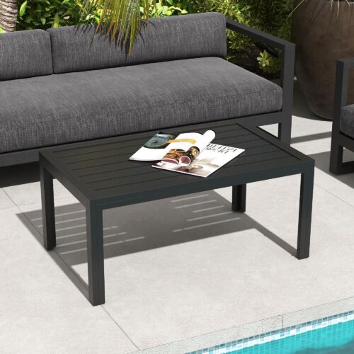 Sidobord väderbeständiga stål slitsad design enkel vård trädgård balkong soffbord med rymlig topp | 101,5x61x46 cm, svart