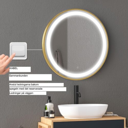 Dimbar badrumsspegel med LED-ljus | Pekkontroll, minnesfunktion och tidsvisning | Modern design, IP44 vattentålig, 50 000 timmars LED-livslängd