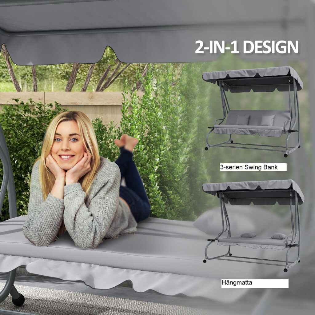 Hollywood Swing 3-sits med liggande funktion | Förvandla till sängen, justerbart tak, vikbara sidobord | Lastkapacitet 340 kg, väderbeständig design