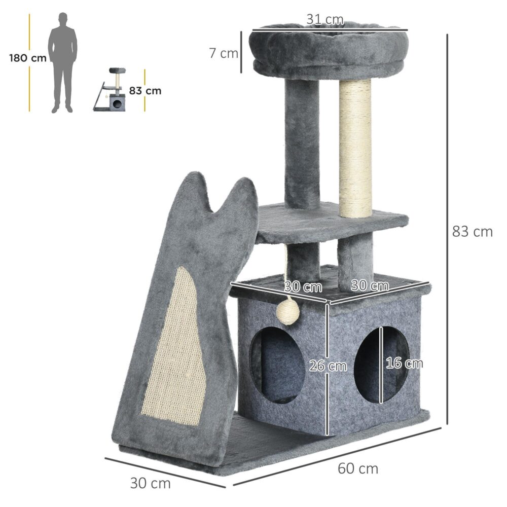 Liten klösstolpe för katt med lekstuga och sisalstockar – Multifunktionellt klösträd för katter under 4 kg, kompakt design med plyschlock, stabil bas och repvänliga funktioner