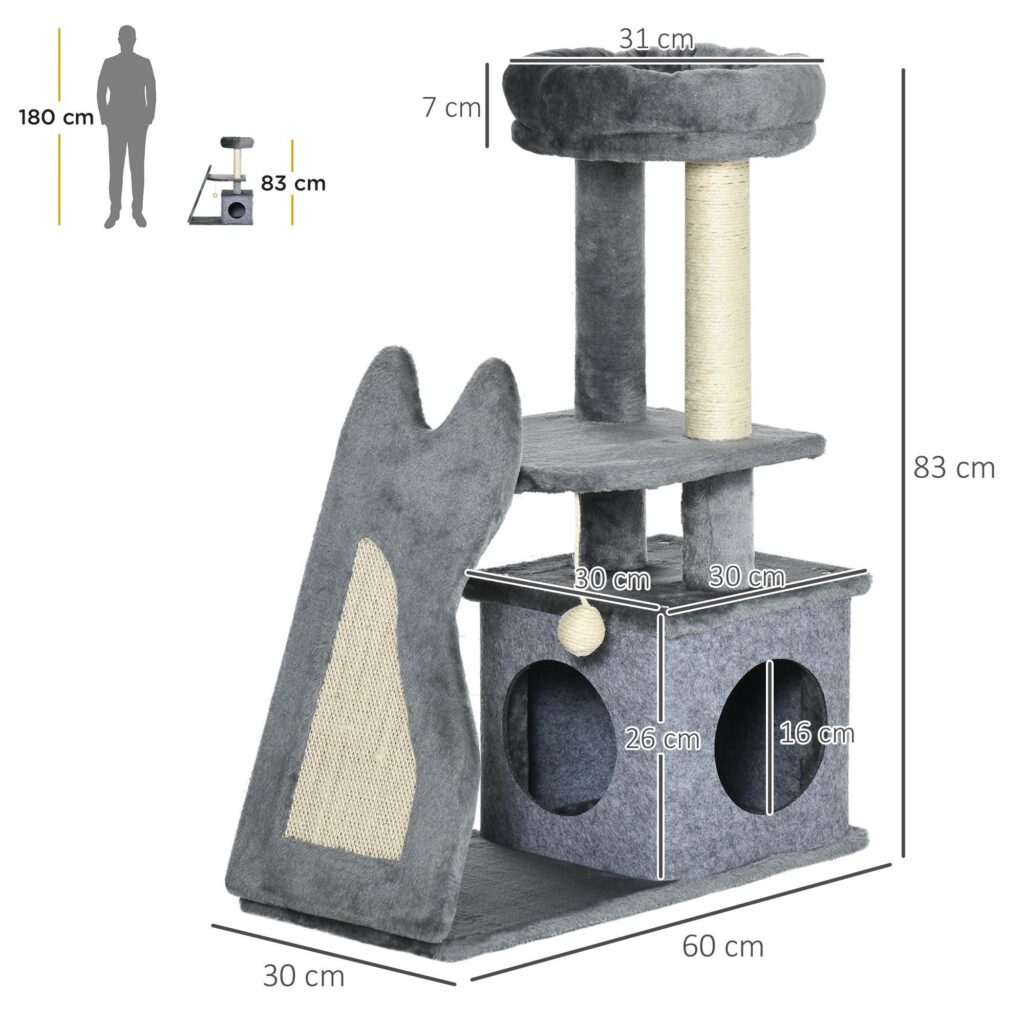 Liten klösstolpe för katt med lekstuga och sisalstockar - Multifunktionellt klösträd för katter under 4 kg, kompakt design med plyschlock, stabil bas och repvänliga funktioner