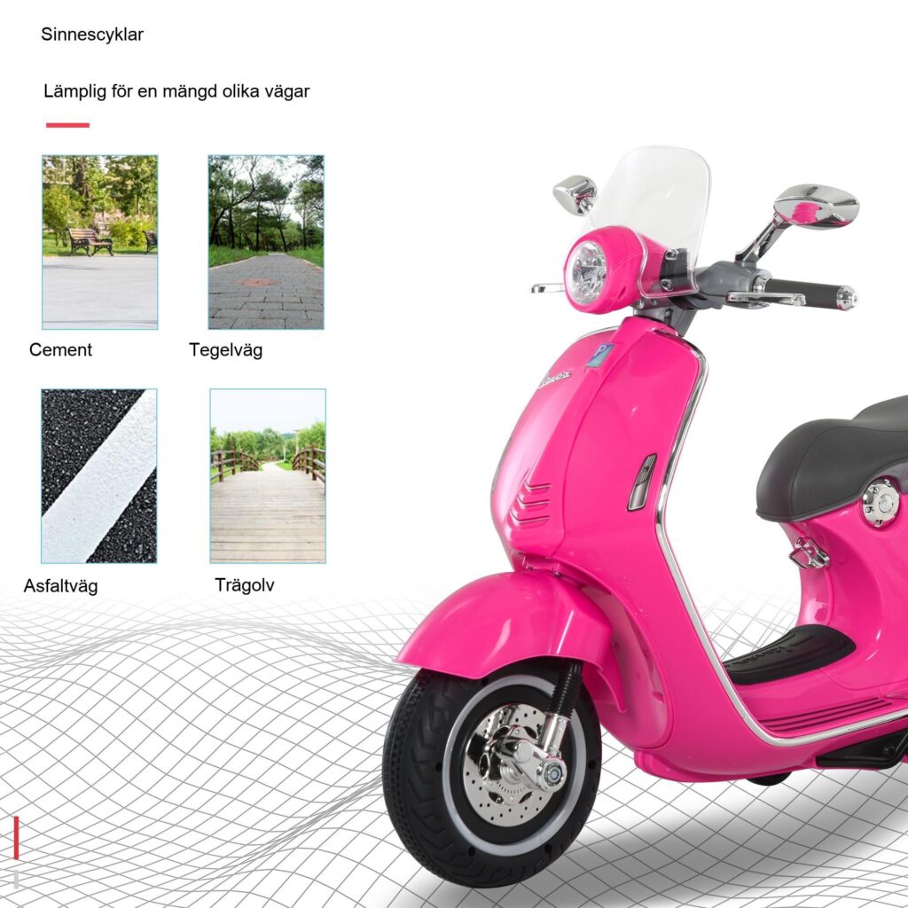 Licensierade Vespa Kids 'Elektriska motorcykel med strålkastare, musik och träningshjul-4-hjulsstabilitet för åldrarna 3-6