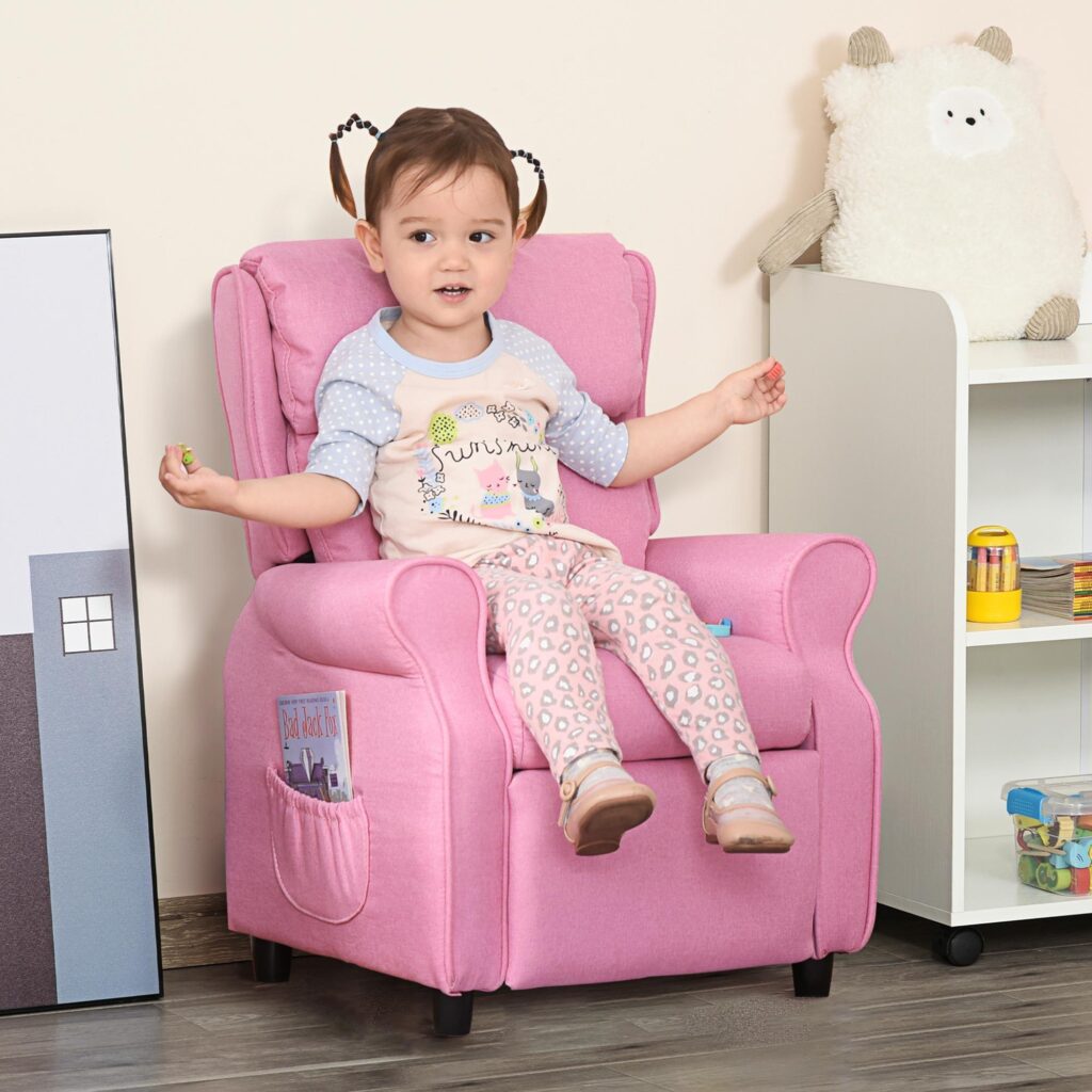 Justerbar barnsoffa med fotstöd - Mysig och säker liggande fåtölj för pojkar och flickor i åldrarna 3-5, rosa design, robust konstruktion, enkel montering