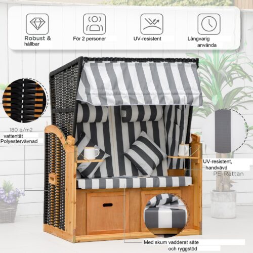 Dubbel-Lounger Beach Chair med 5-stegs justerbart ryggstöd, PE Rotting Dubbel solstol med fällbara bord och förvaringsfickor—UV- och vattentålig för trädgård eller terrass