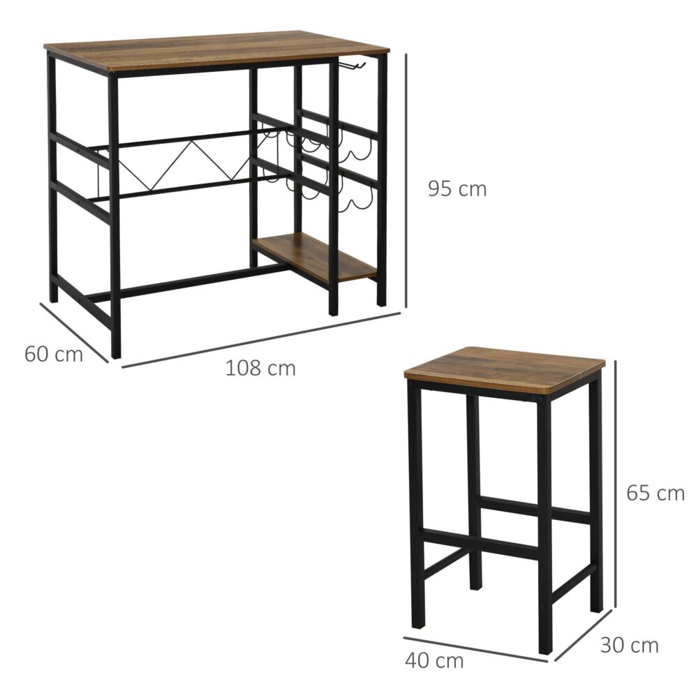 Barbordsset med 2 barstolar med inbyggt vinställ och förvaring | Vintage Wood Grain och Black Frame Köksbänkbord
