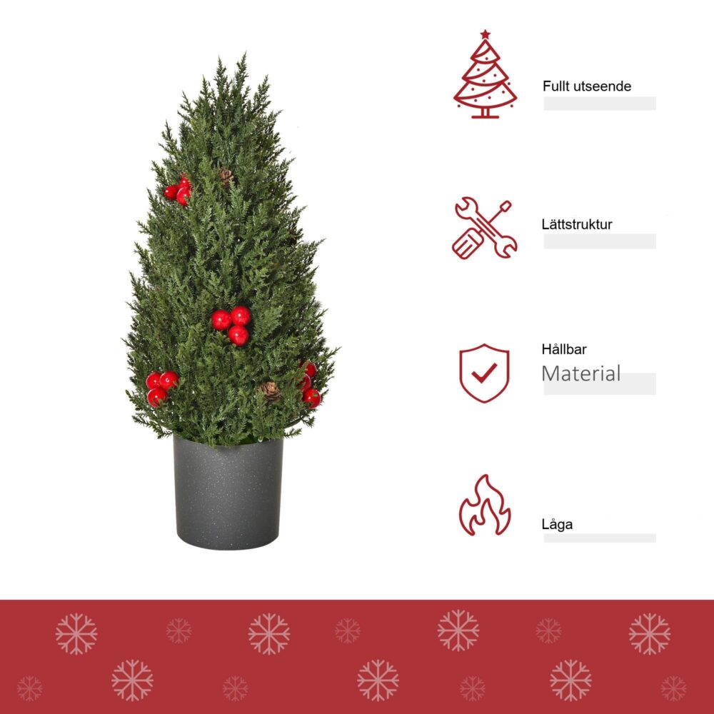 Realistisk 50cm konstgjord cypress julgran med röda bär och tallkottar – förmonterad för enkel installation