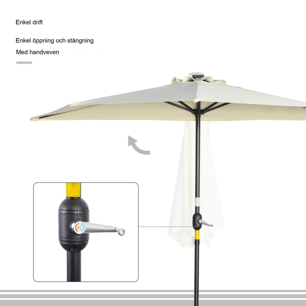 Halvcirkelformat 265×240 cm halvparasoll med soldrivna LED-lampor – enkel montering och platsbesparande design