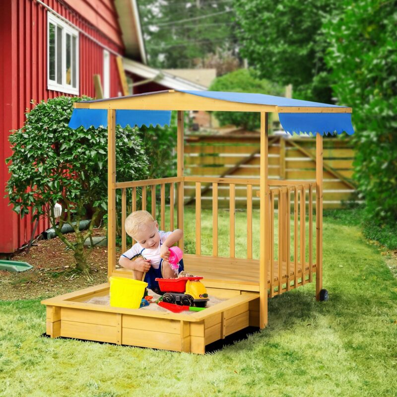 Stor justerbar sandlåda med tak, lock och hjul – perfekt för 3 barns lekutrymme, höjdjusterbar design, bottenlöst foder för enkel rengöring, naturlig träfinish