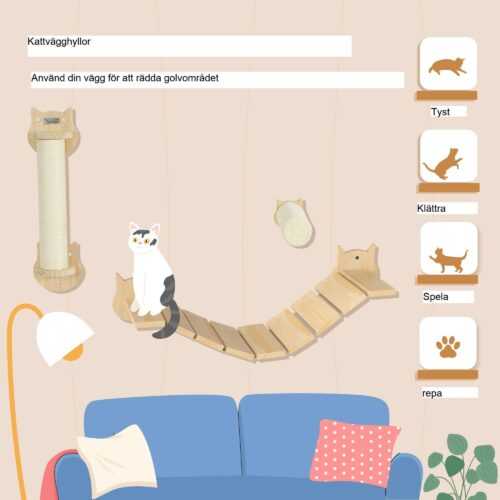 Katt klättervägg set – 3-delade kattmöbler med klösstolpe och stege | Platsbesparande design i furu av hög kvalitet