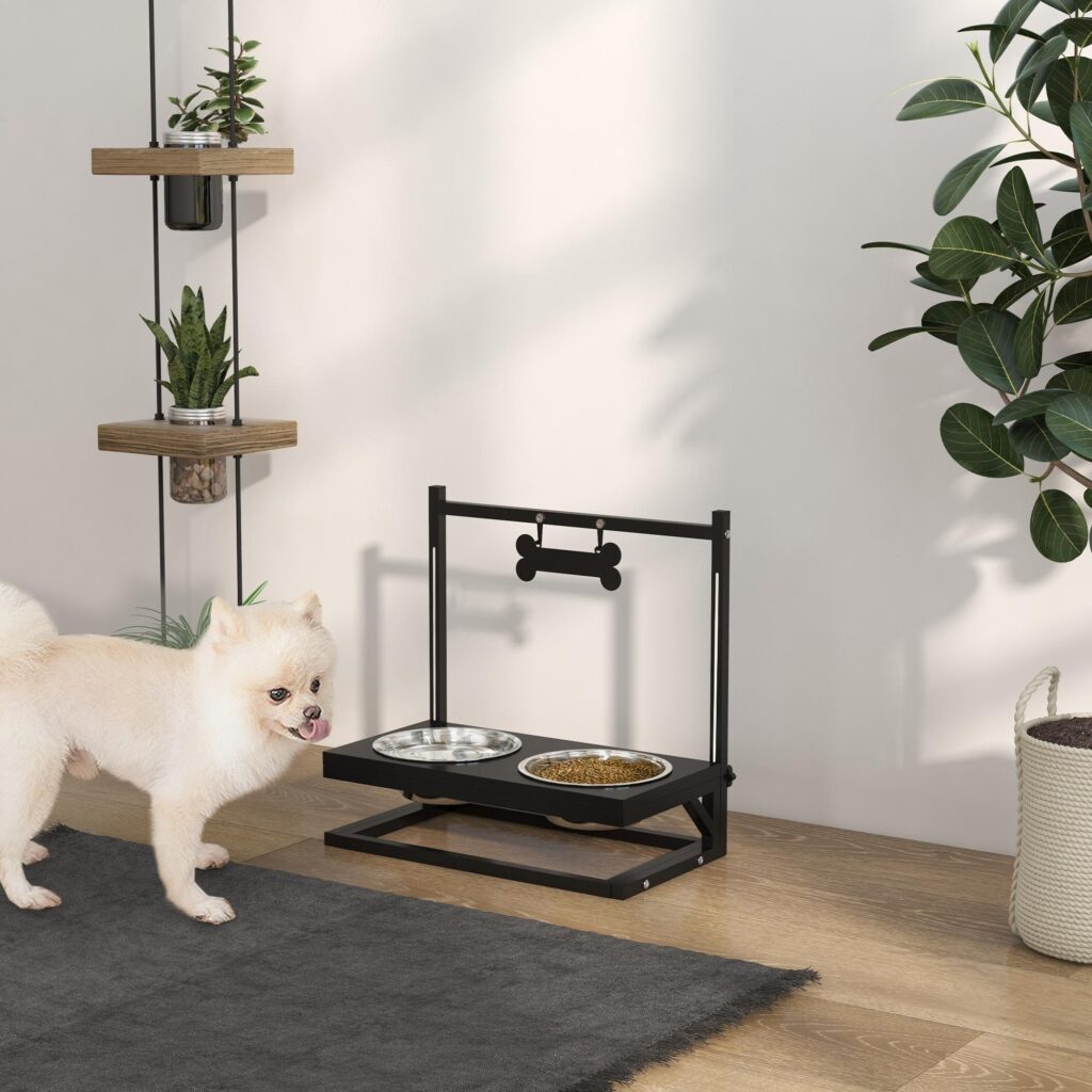 Justerbar rostfritt stål hund- och kattmatningsstation med benformad namntagg och enkel rengöringsdesign