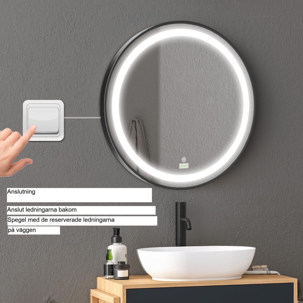 LED badrumsspegel Ø60cm svart med 3 ljusfärger (vit, varmvit, kallvit), minnesfunktion, IP44 vattentät och 50 000 timmars LED-livslängd – modern design med aluminiumram