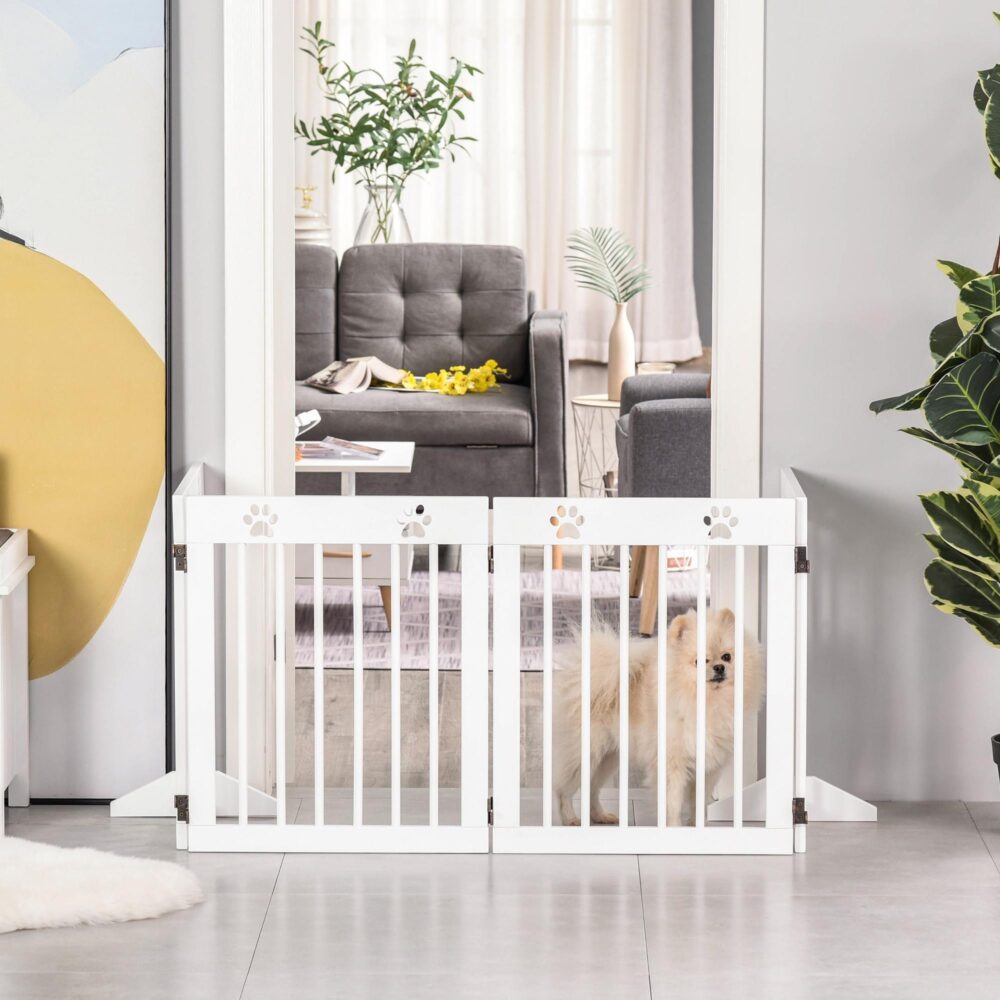 4-delad hundbarriärgrind med hopfällbar design – robust furu och platsbesparande förvaring för små hundar
