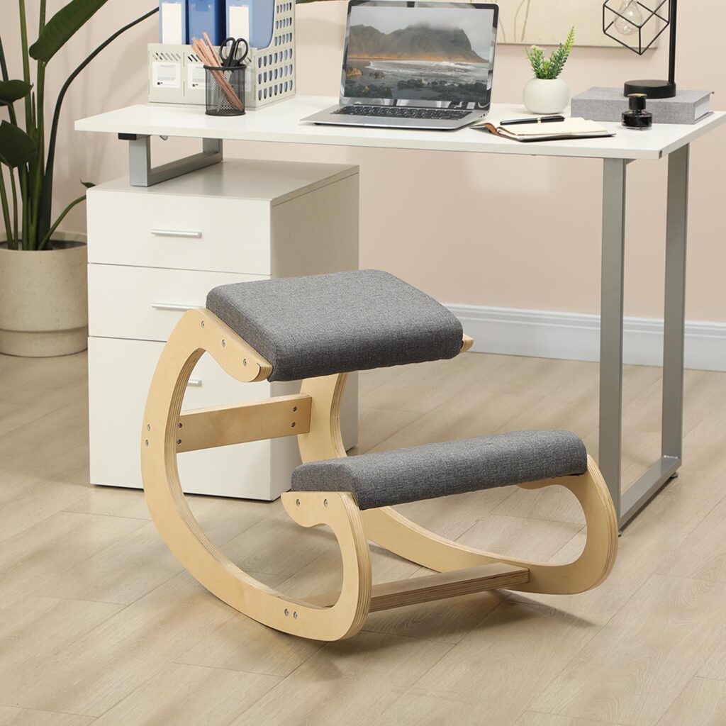 Ergonomisk knäpall med hållningsförbättring, gungande design - slitstark ram av björkträ, 120 kg lastkapacitet, grå
