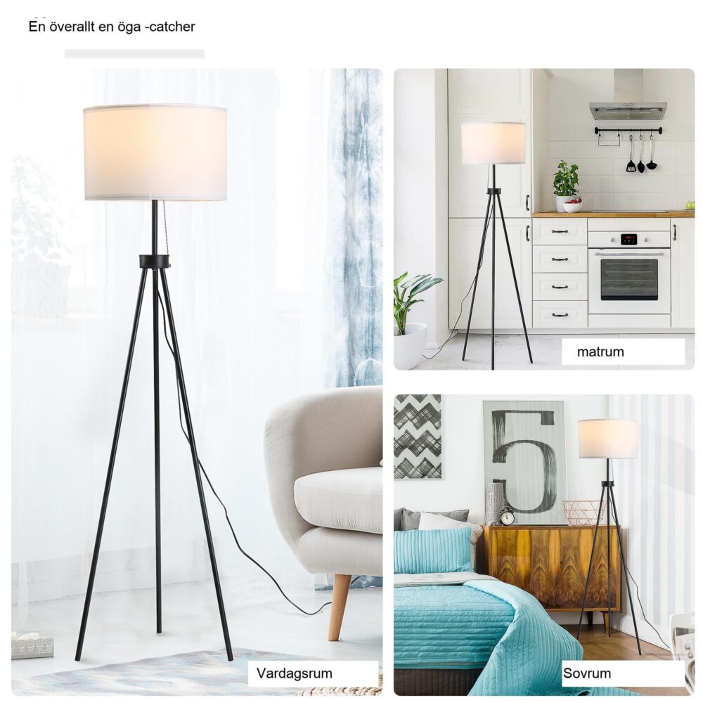 Modern golvlampa med E27-sockel, svart och vit, stål och polyester – snygg belysning för vardagsrum och sovrum
