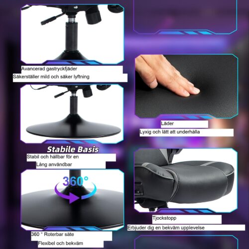 Ergonomisk gamingstol med inbyggda Bluetooth-högtalare – justerbar höjd och snurrfunktion för maximal komfort