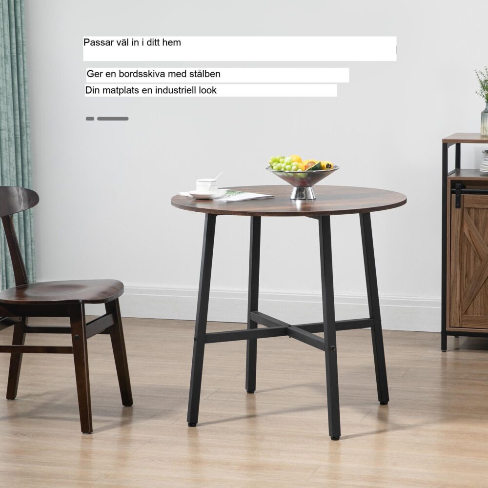 Elegant rustikt matbord i brunt stål för 4 personer, stor 80cm rund topp, hållbar och stabil