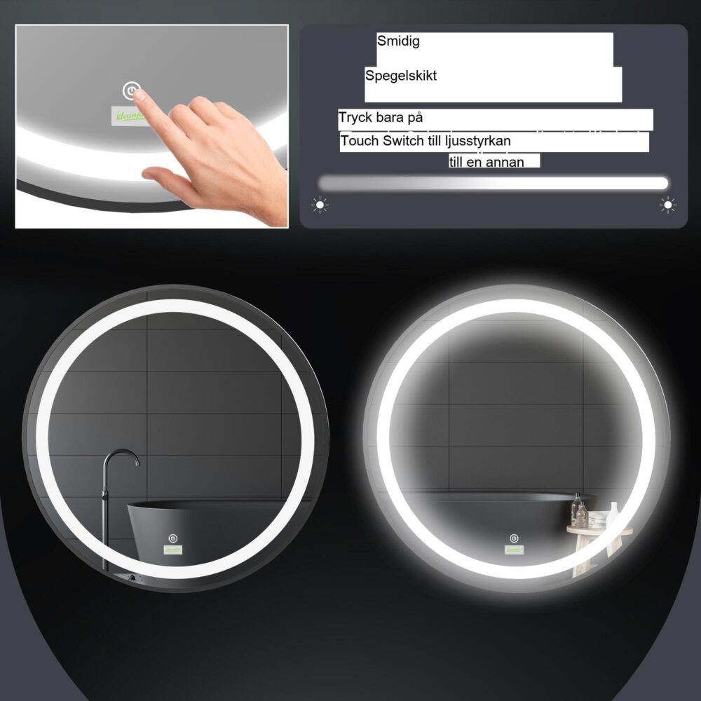 LED badrumsspegel Ø60cm svart med 3 ljusfärger (vit, varmvit, kallvit), minnesfunktion, IP44 vattentät och 50 000 timmars LED-livslängd – modern design med aluminiumram