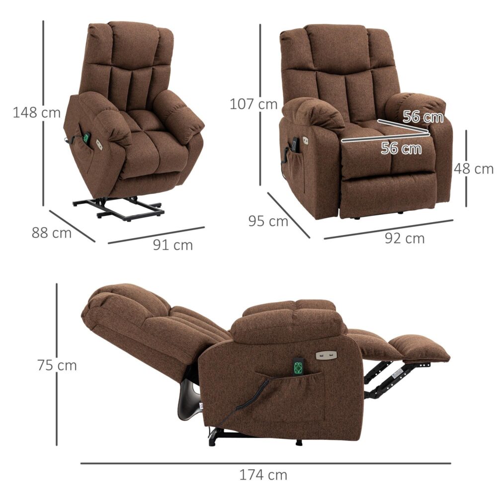 Elektrisk liggande TV-stol med ståhjälp – Äldre och handikappvänlig, Fjärrkontroll, USB-laddningsportar, Pocket Spring Comfort, Brown Steel Polyester