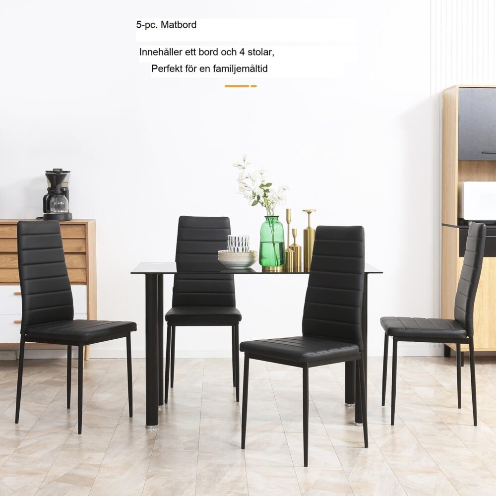 5-delad matgrupp med bord i härdat glas och svarta stålstolar – platsbesparande design, bekväm klädsel i konstläder, hållbar och lätt att rengöra.