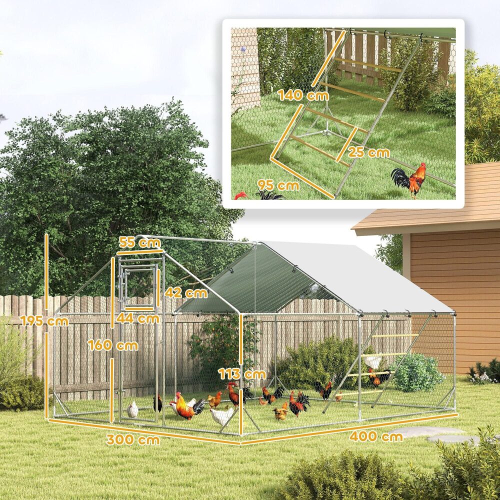 Galvanized Steel Chicken Coop Freewheel -kapsling | Rymlig 12m² för 12-18 fåglar, UV-resistent täckning och hängande matare